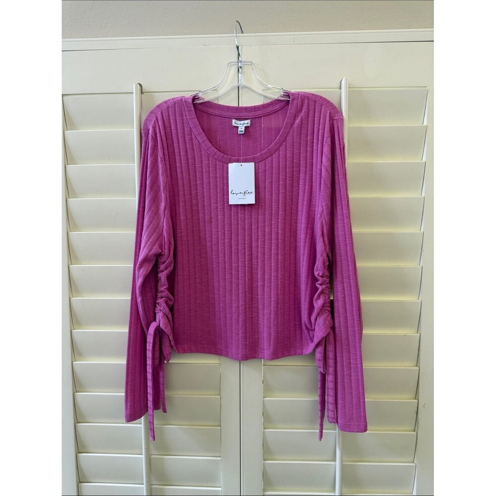 love, Fire Pink Ribbed Long-Sleeve Top with Side Tie Details